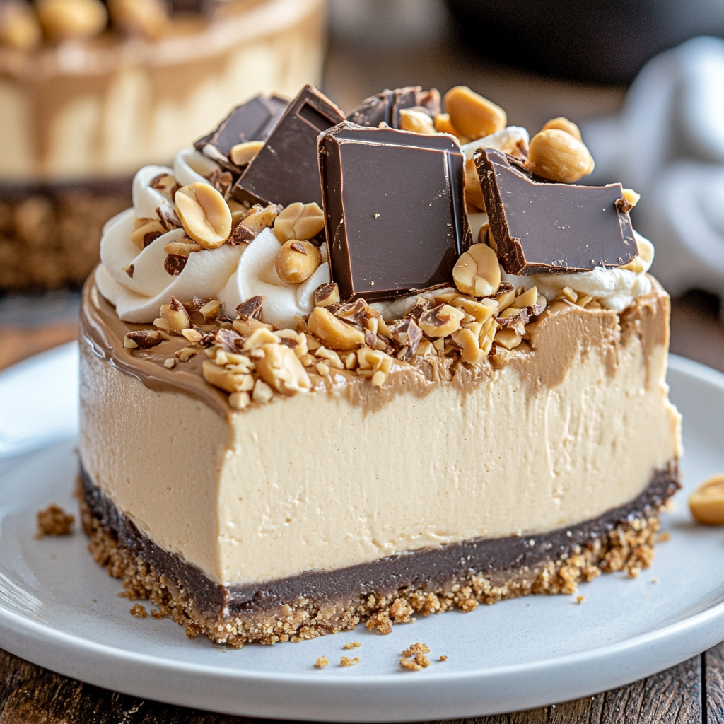 Creamy peanut butter cheesecake with chocolate crust and topping.