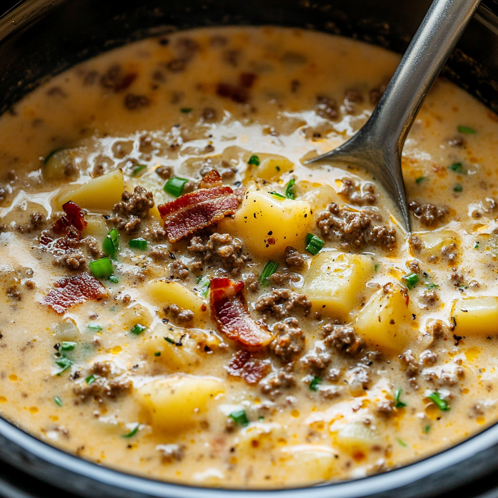 Creamy potato soup with beef and bacon garnish.