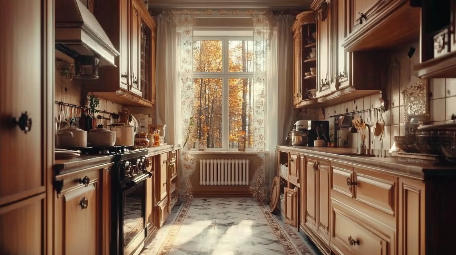 Create 18th century kitchen with wide view window.