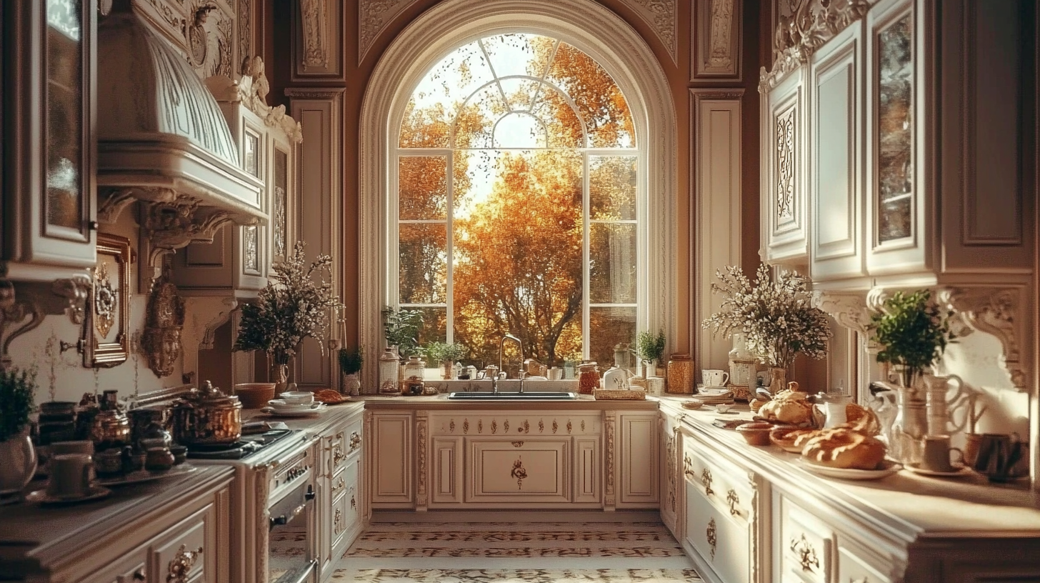 Create 19th century kitchen with wide window view.