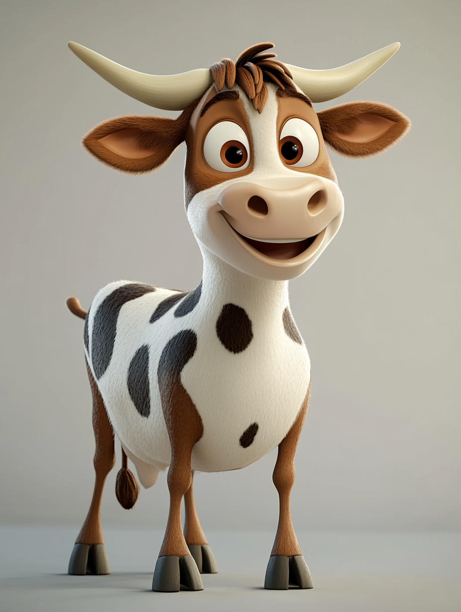 Create 3D cartoon character with dairy, fun, balance.