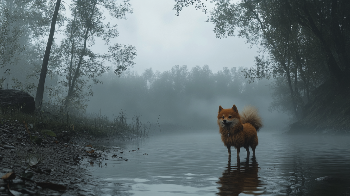 Create 4K image of Pomeranian walking in gloomy fog.