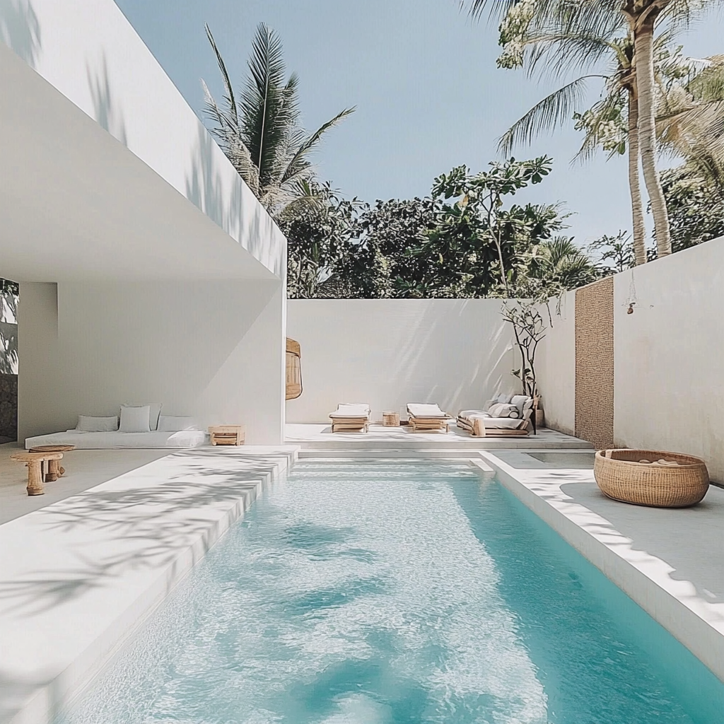 Create Bali villa 75sqm, pool 11sqm, minimalist design.