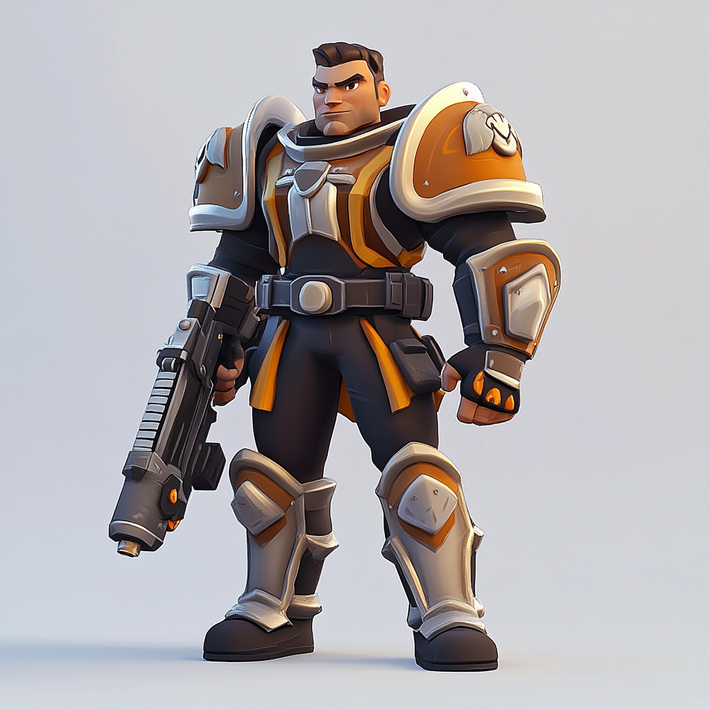 Create a 3D male character with armor, gun.