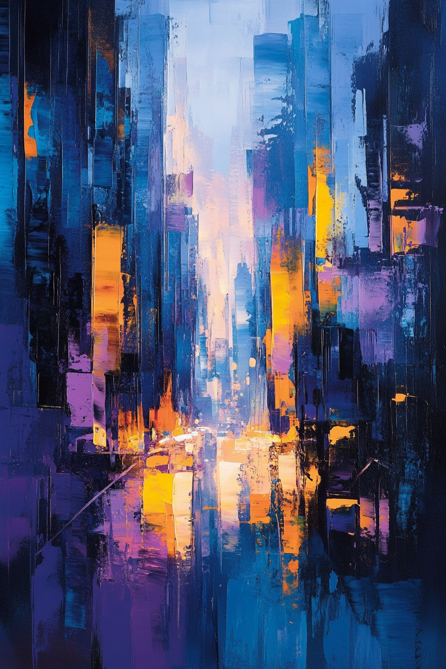 Create abstract canvas of city at dusk: energy, elegance.