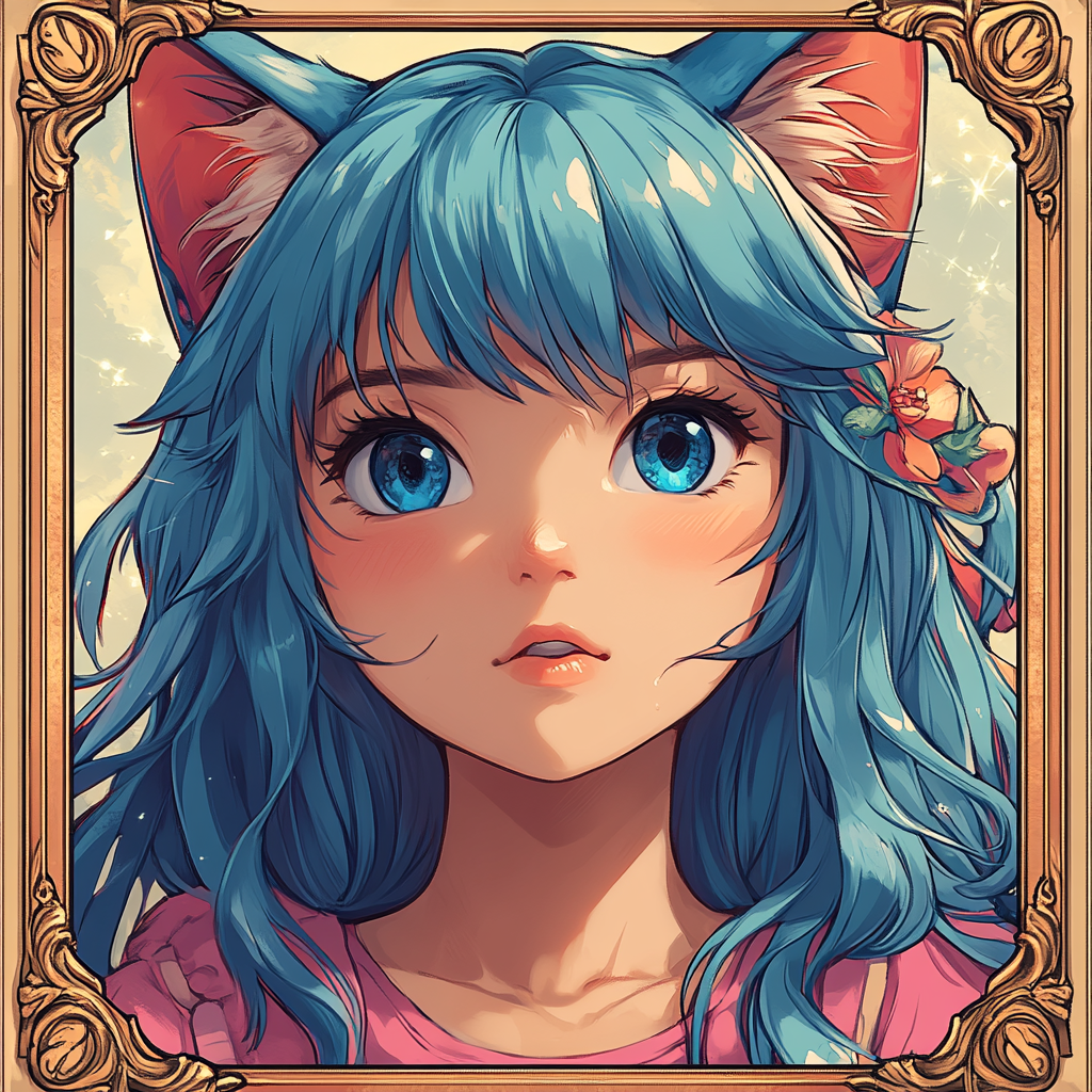 Create anime-style trading card with pastel colors and cat ears.