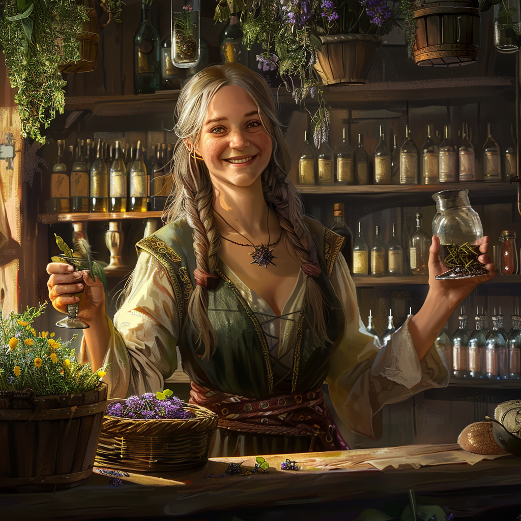 Create beautiful ancient apothecary with glass bottles, herbs, witch.