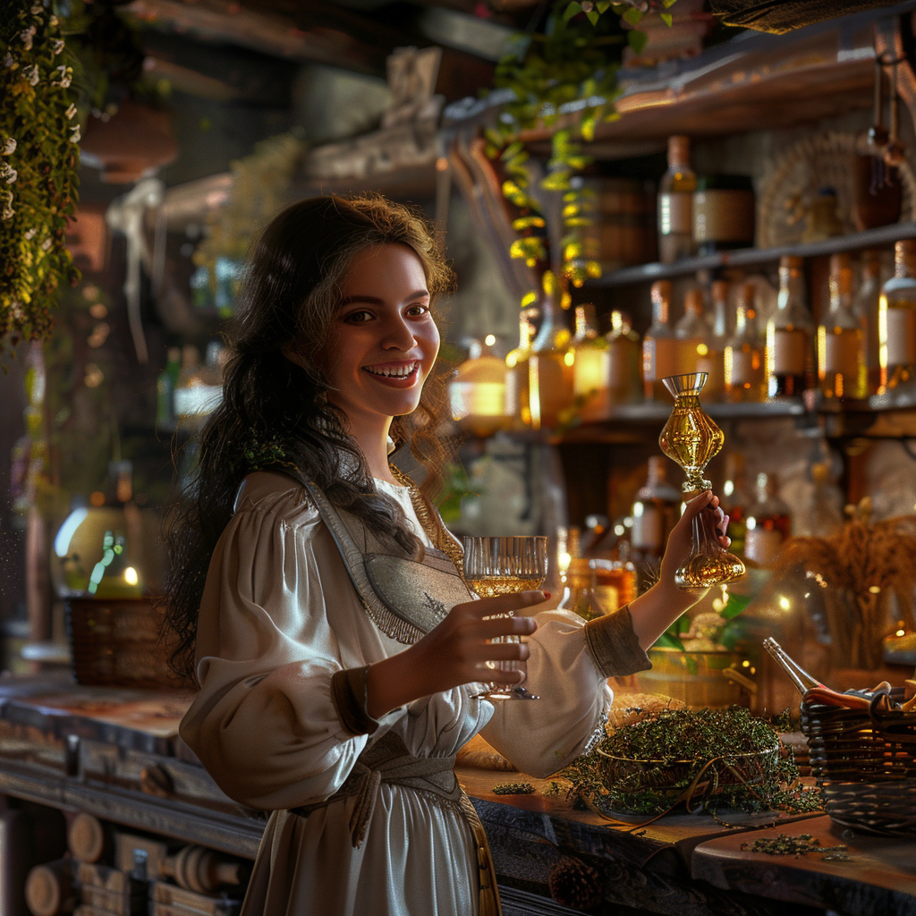 Create beautiful ancient apothecary with glass bottles herbs.