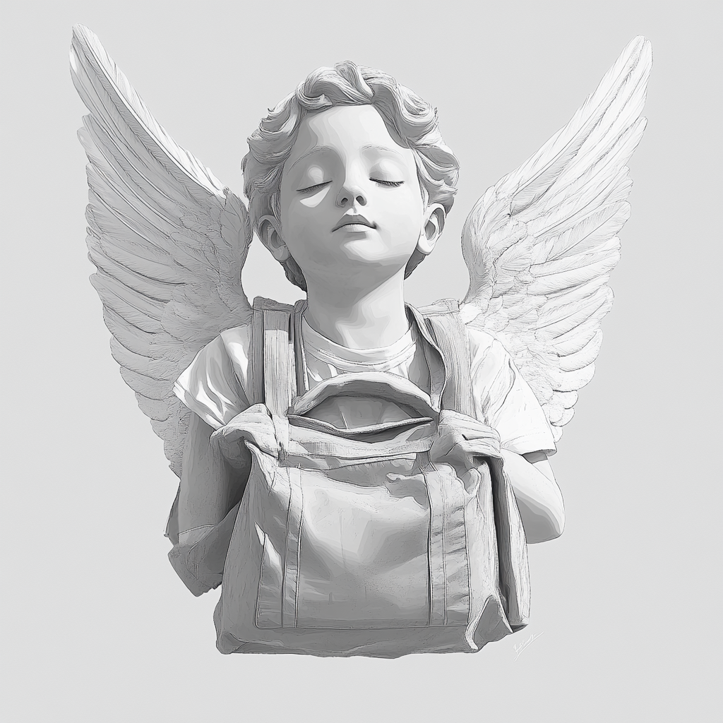 Create black and white child angel drawing with bag.