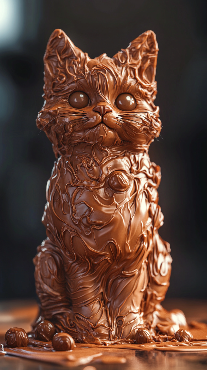 Create cat sculpture from Kinder Bueno bars, realistic details.