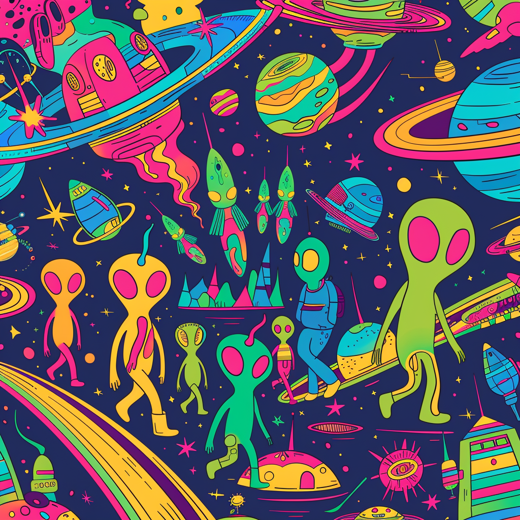 Create colorful pop art background with alien characters.