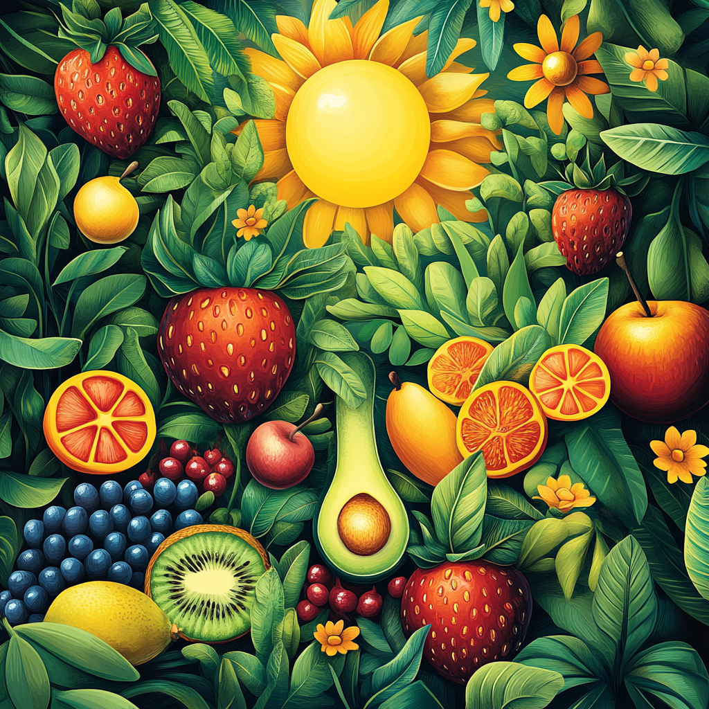 Create cover with healthy foods in jungle illustration.