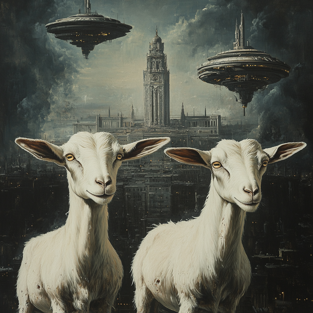 Create futuristic painting with two goats and building.