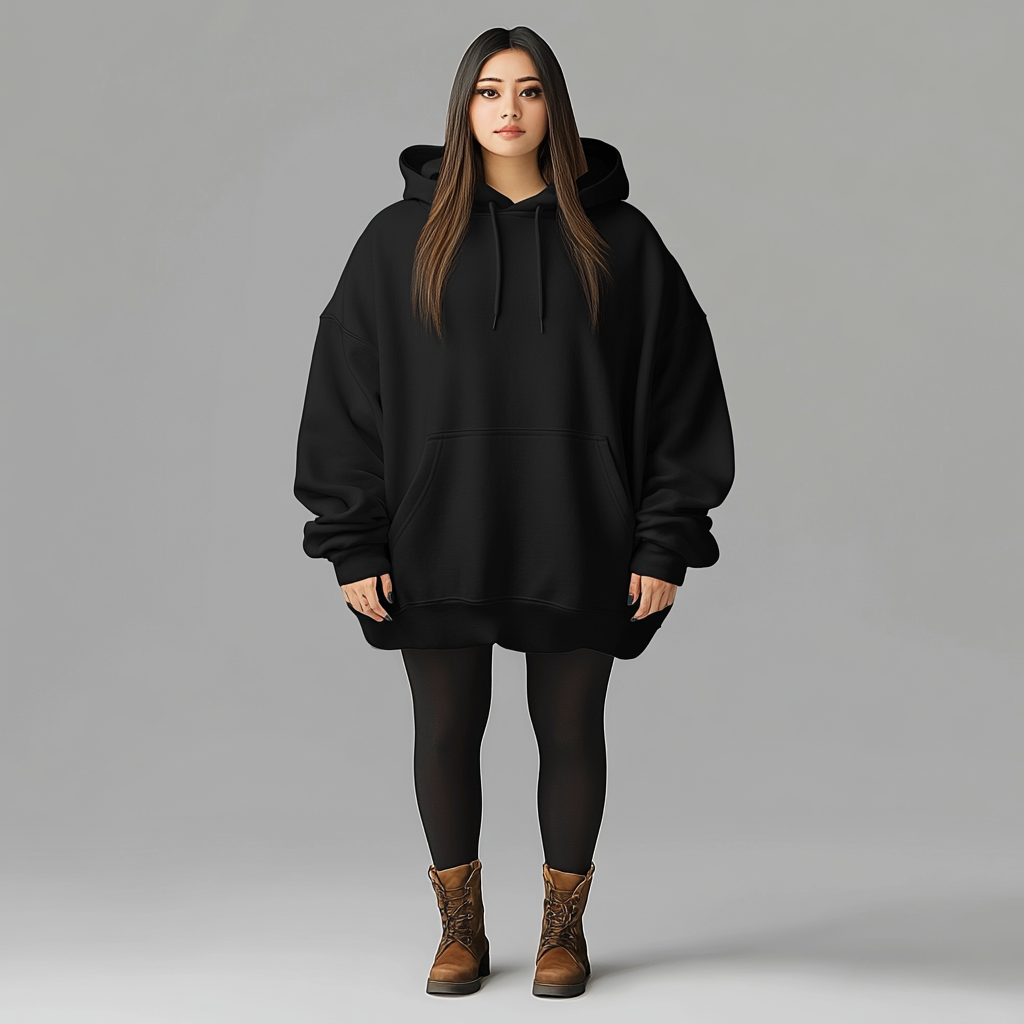 Create image of tall model in oversized black hoodie.