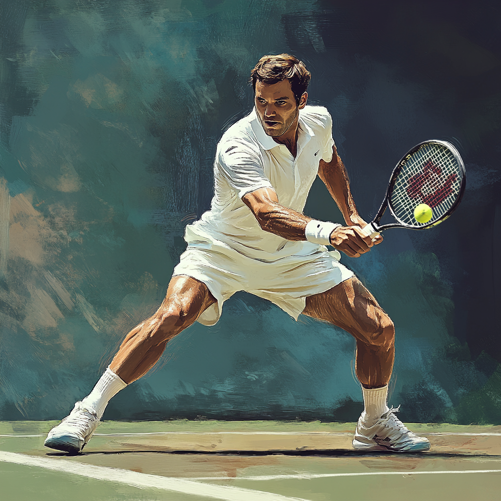 Create lifelike image of focused tennis player mid-action.