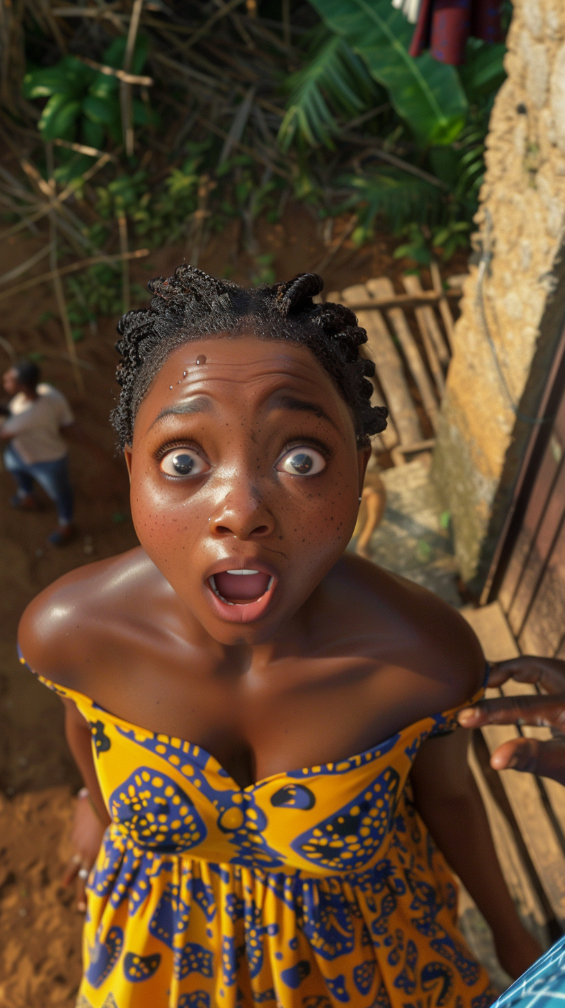 Create lifelike image: Gladys, teen in African attire, shocked.