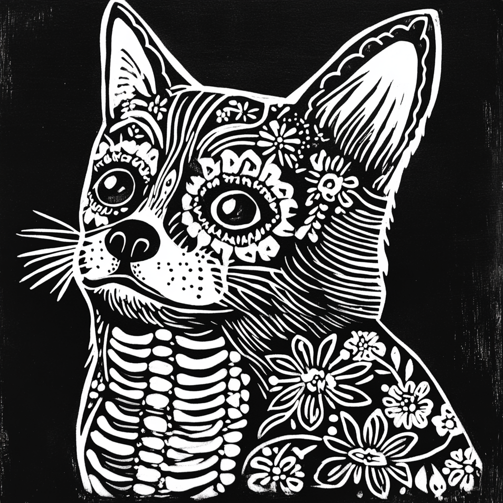 Create lino print of dog-cat figure with floral patterns.