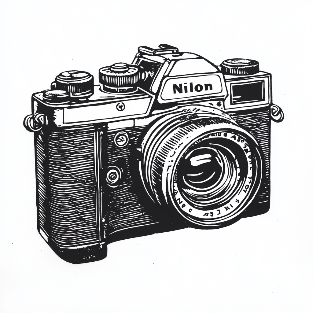 Create lino print of vintage Nikon AF film camera.