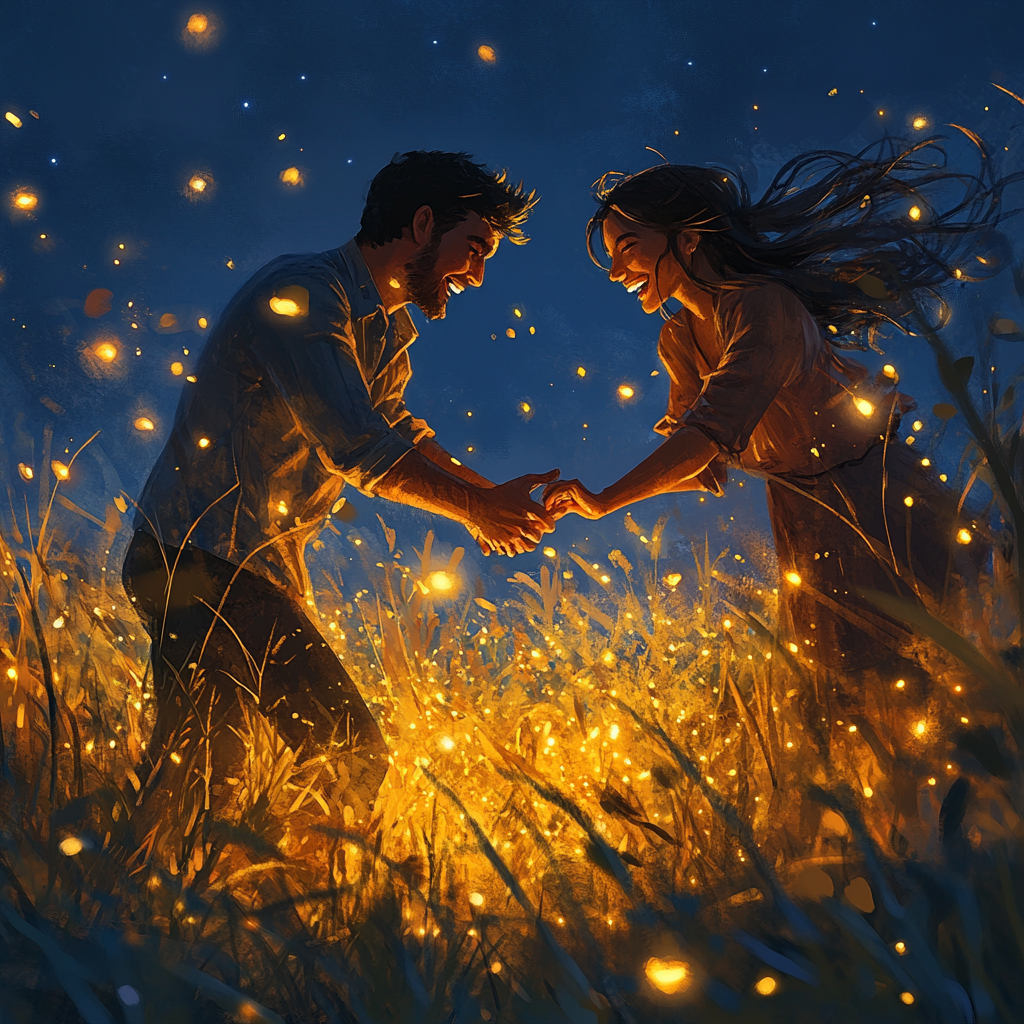 Create man and woman holding hands, chasing fireflies.