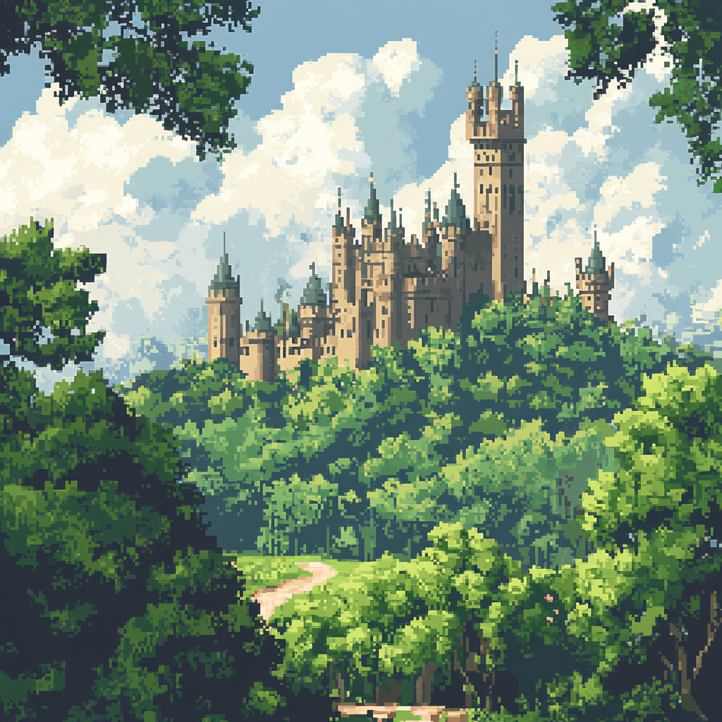 Create medieval pixel art game cover with towers.