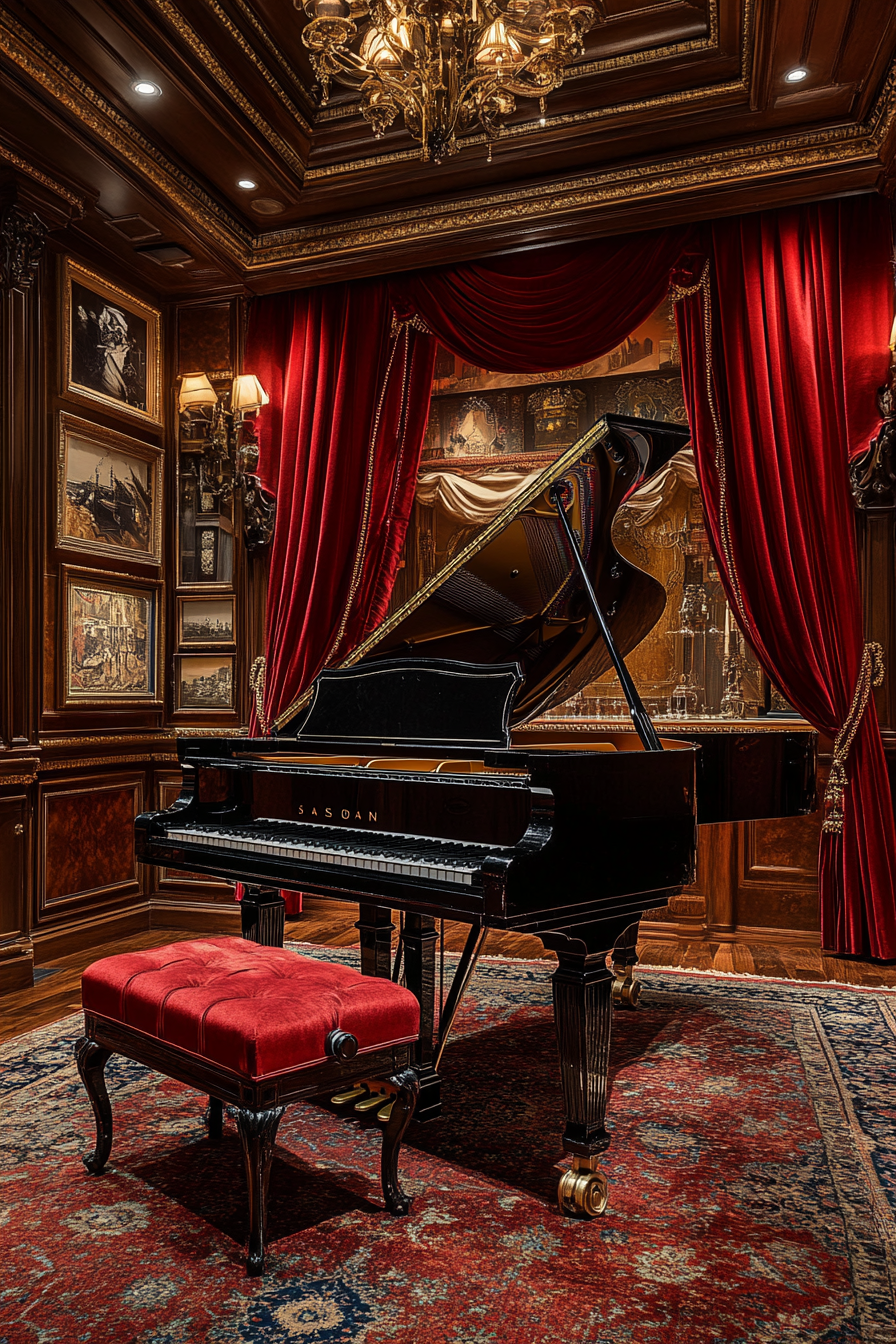 Create music room with Phantom’s Opera drama, grand piano.