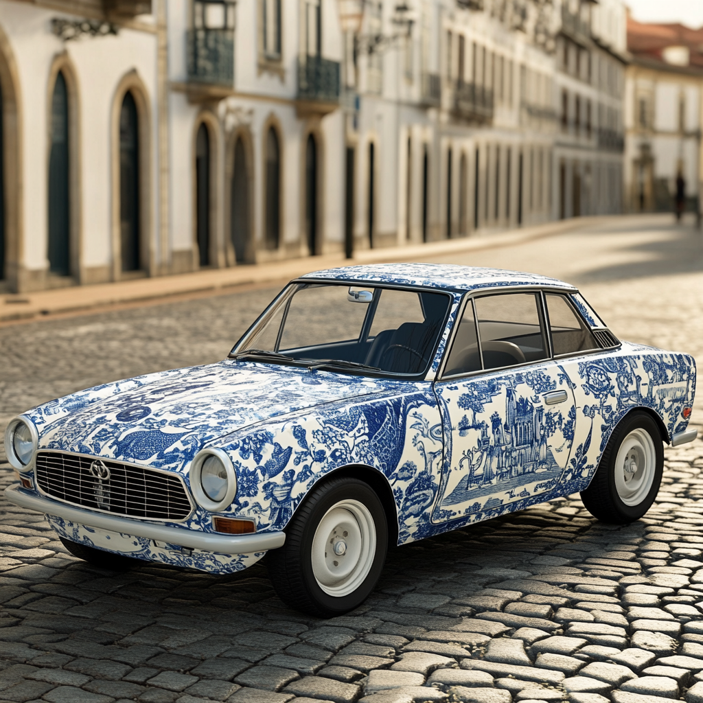 Create realistic image of Datsun 1200 with azulejo tiles.