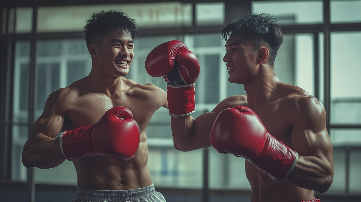 Create two Asian boxers throwing bucket, red gloves.