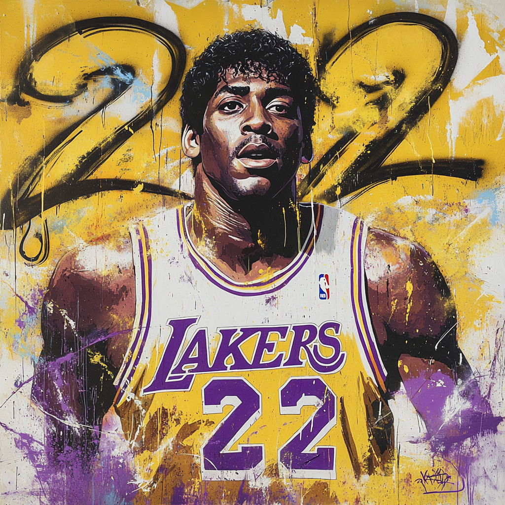 Create vibrant graffiti mural of Magic Johnson with number 32.