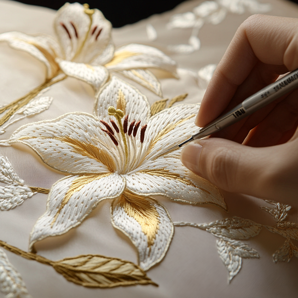 Creating a Lily Flower Design on Beige Silk