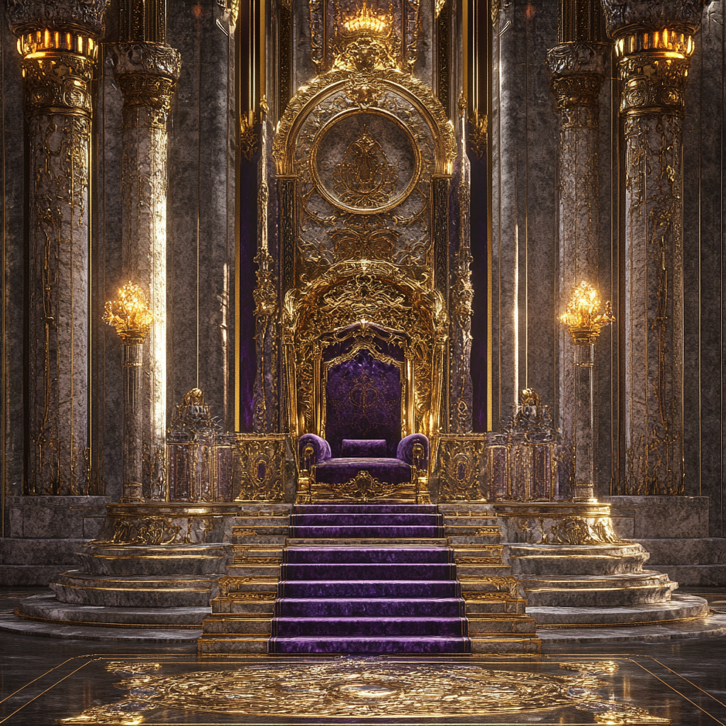 Creature touches sarcophagus, enters ornate throne room with gem-encrusted crown.