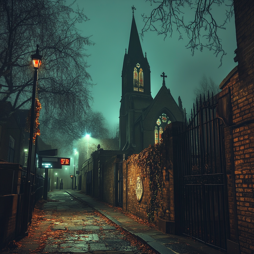 Creepy, foggy London alley with gothic church and cemetery