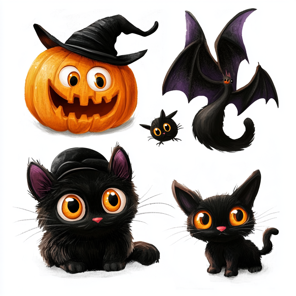 Creepy Halloween Objects: Pumpkin, Cat, Witch, Bat