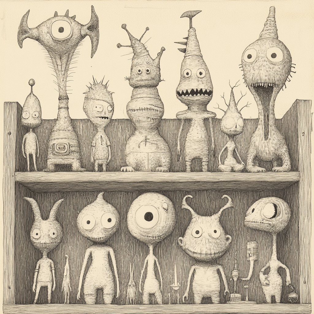 Creepy Monster Figures on Shelf: Haunting and Whimsical