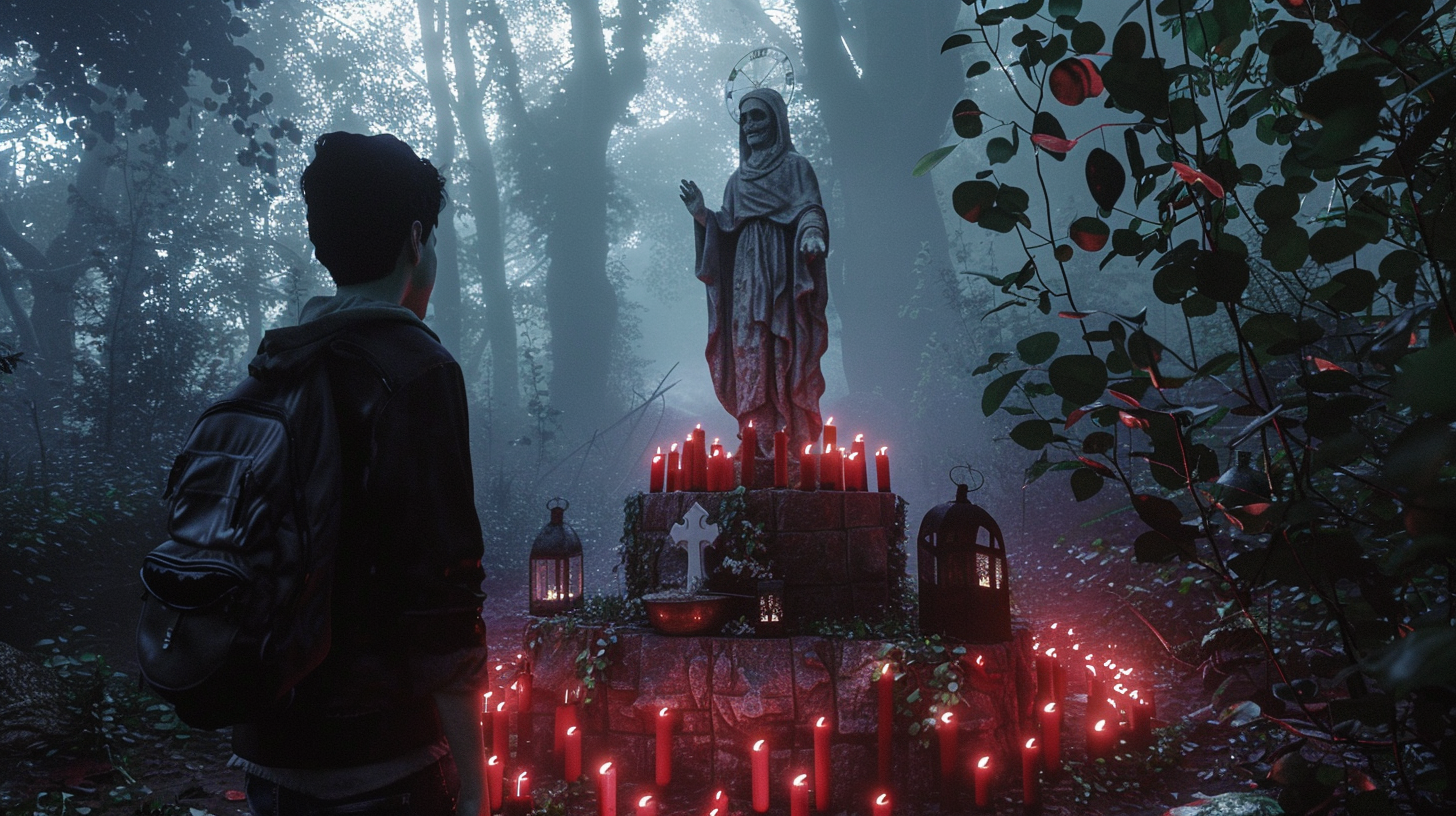 Creepy forest scene with Santa Muerte statue