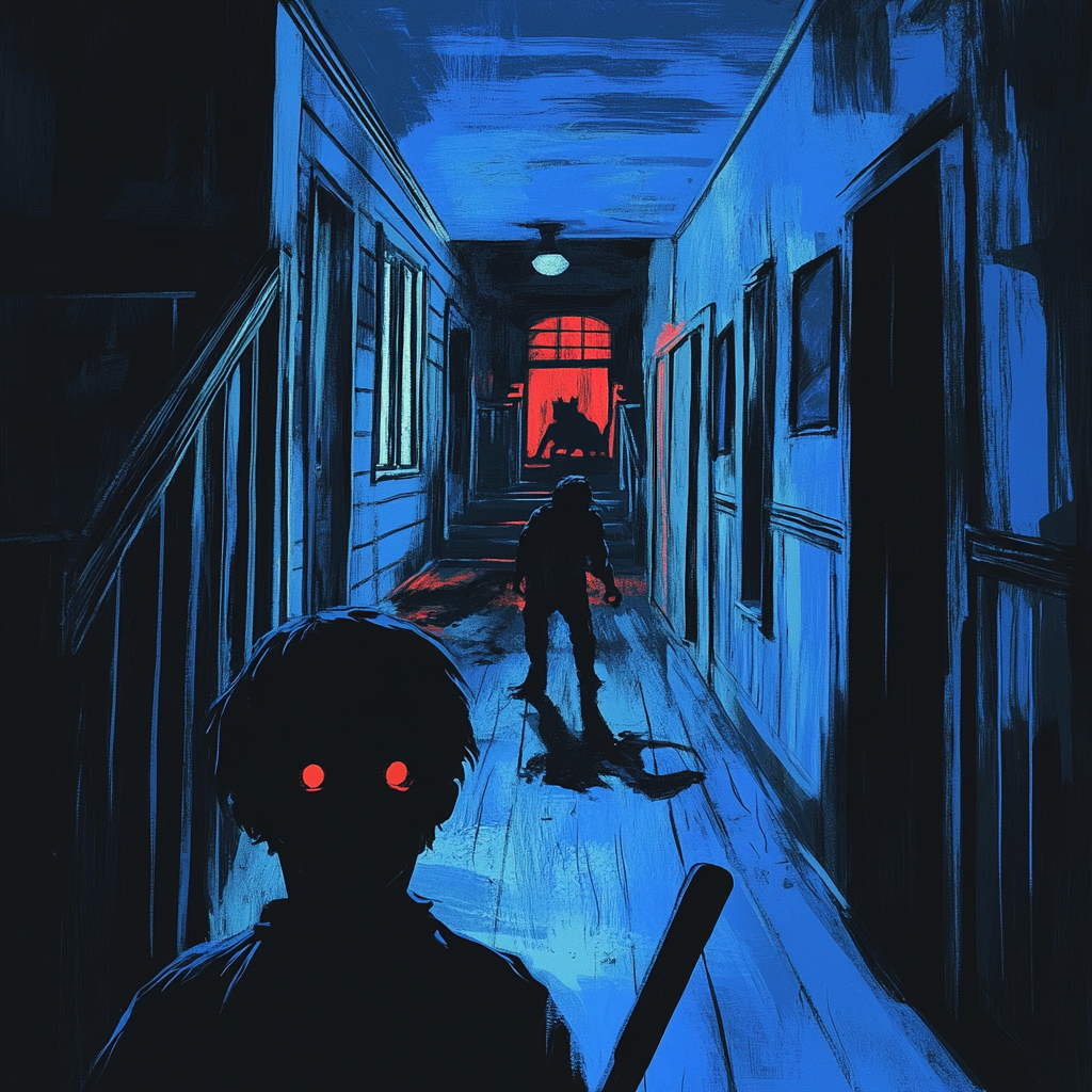 Creepy house with tension, glowing eyes shadowy figure.