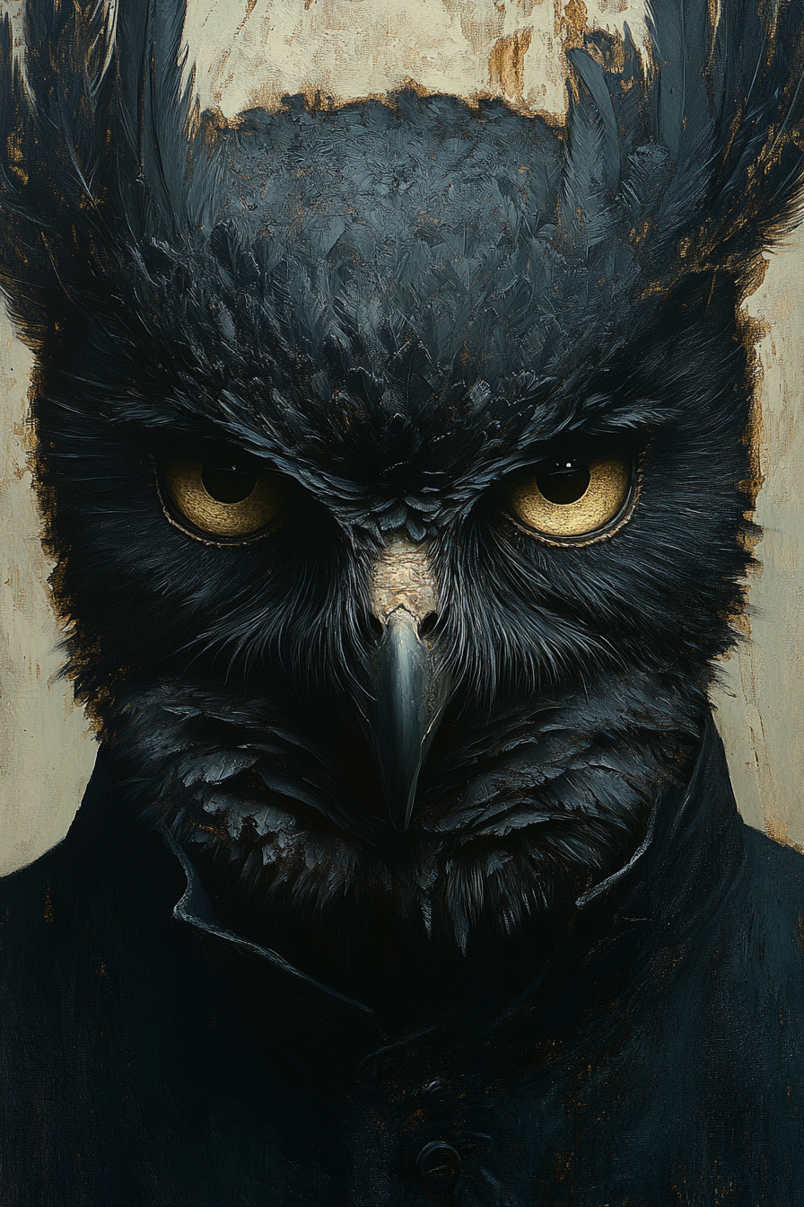 Creepy oil painting of evil owl-headed occult male.