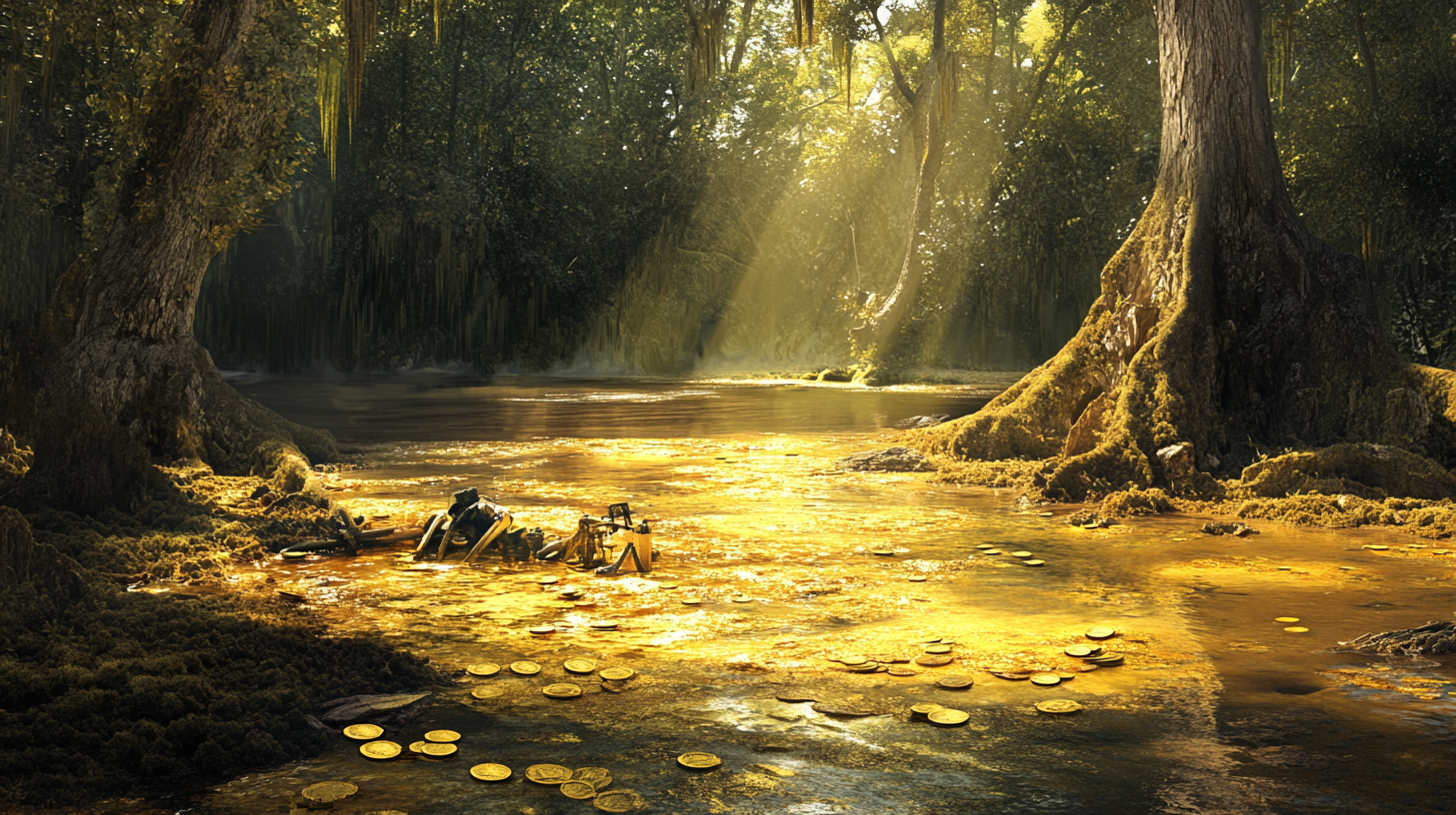 Creepy old lake with gold coins and jungle.