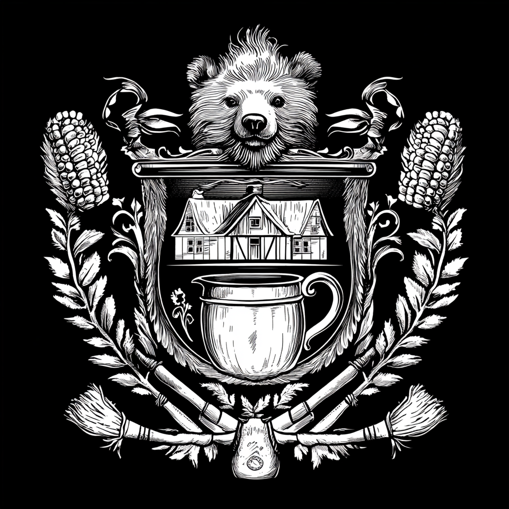 Crest with house, broom, stone, bear mug.