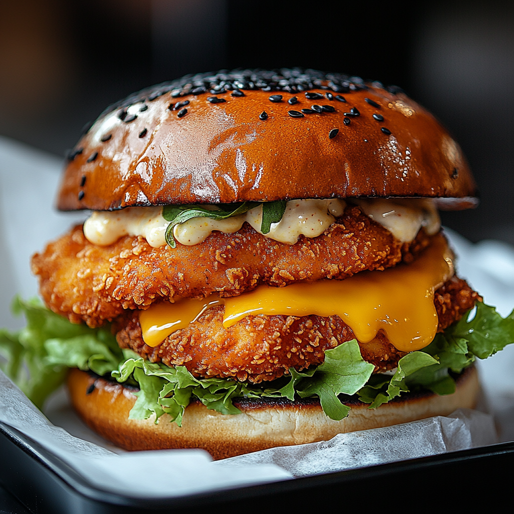 Crispy chicken cheeseburger on Australian bun in Black Tray.