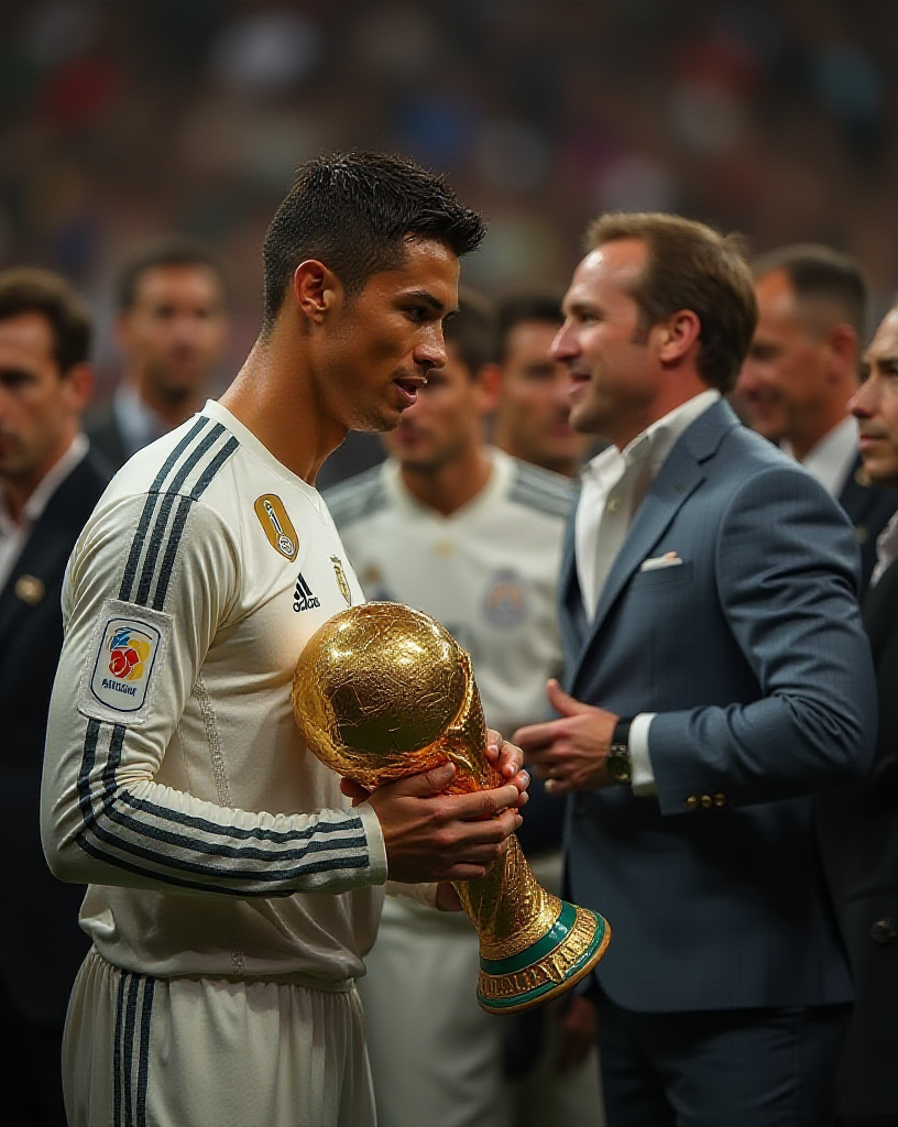 Cristiano Ronaldo holds prestigious World Cup trophy high.