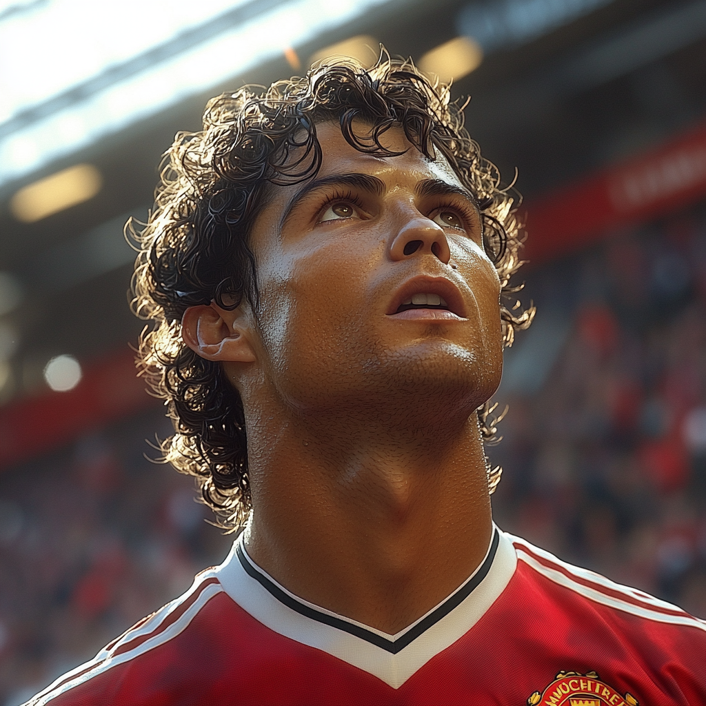 Cristiano Ronaldo in Manchester United training kit, looking upward.