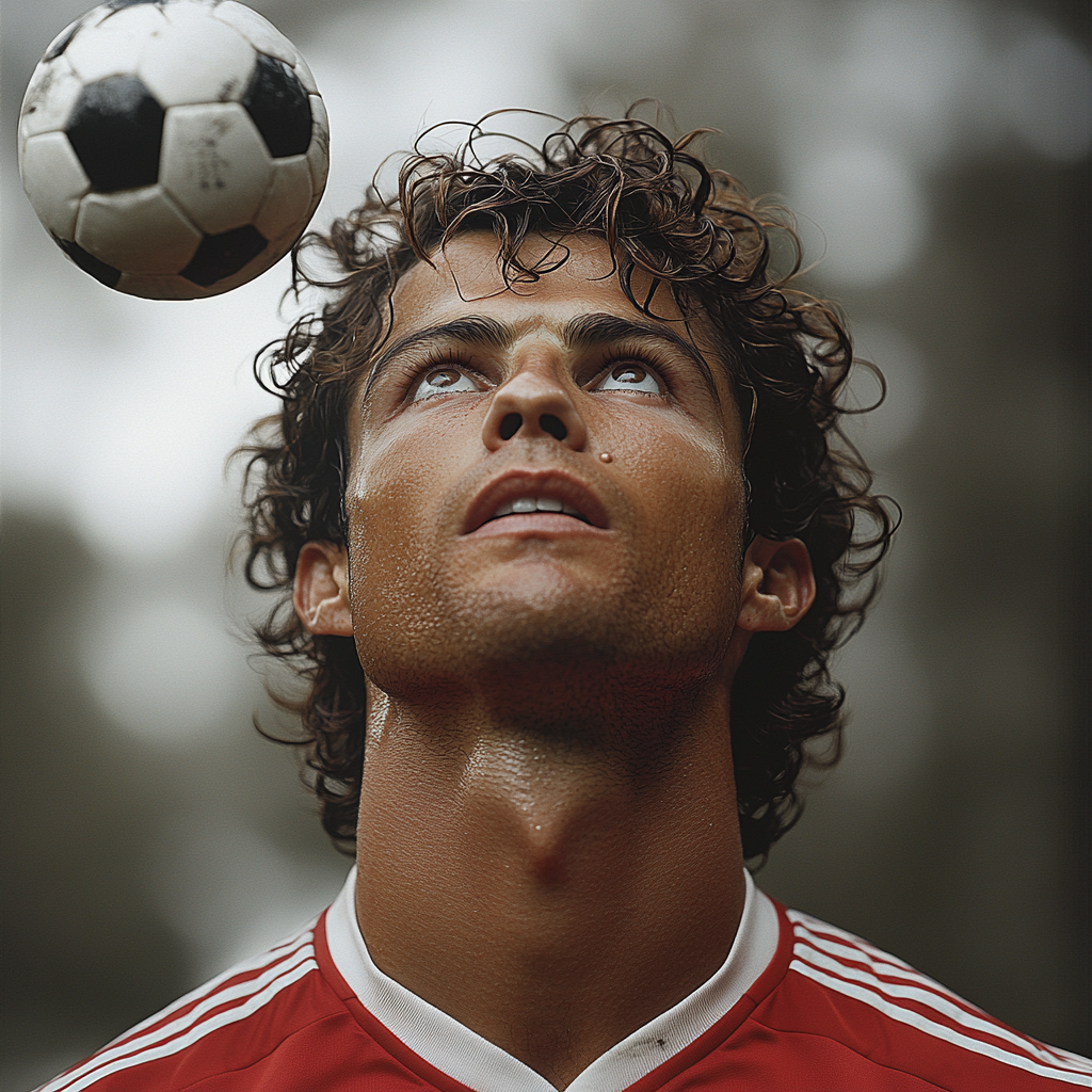 Cristiano Ronaldo wearing Manchester United 2008 jersey, curly hair.