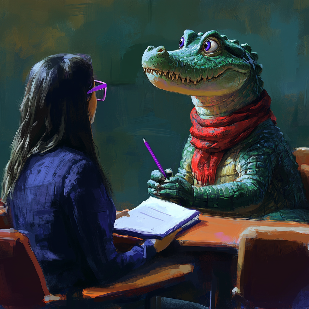 Crocodile in auditorium with red scarf watches young professor.