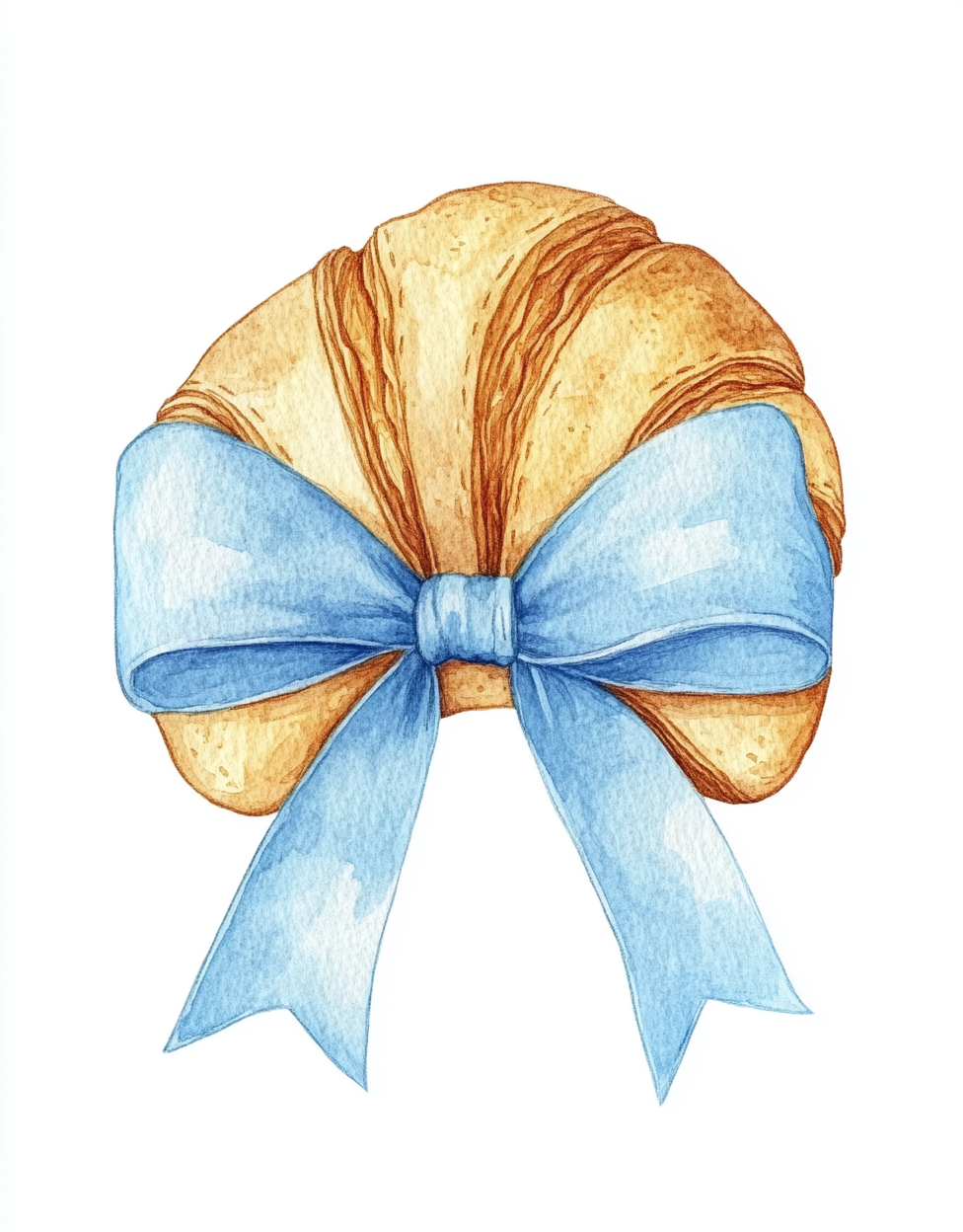 Croissant with blue ribbon in watercolor clipart.