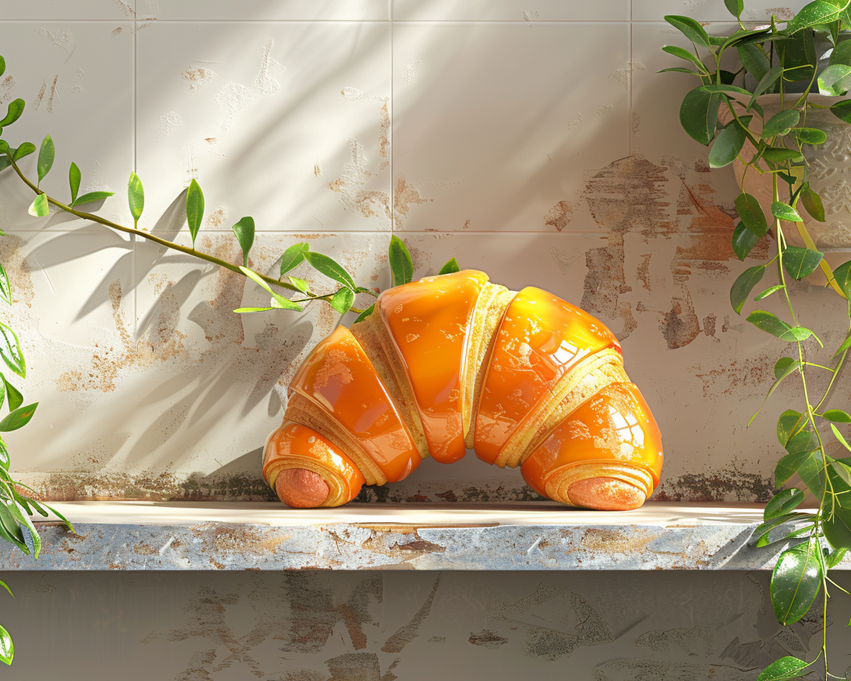 Croissant with orange paint as plastic coffee shop decor.