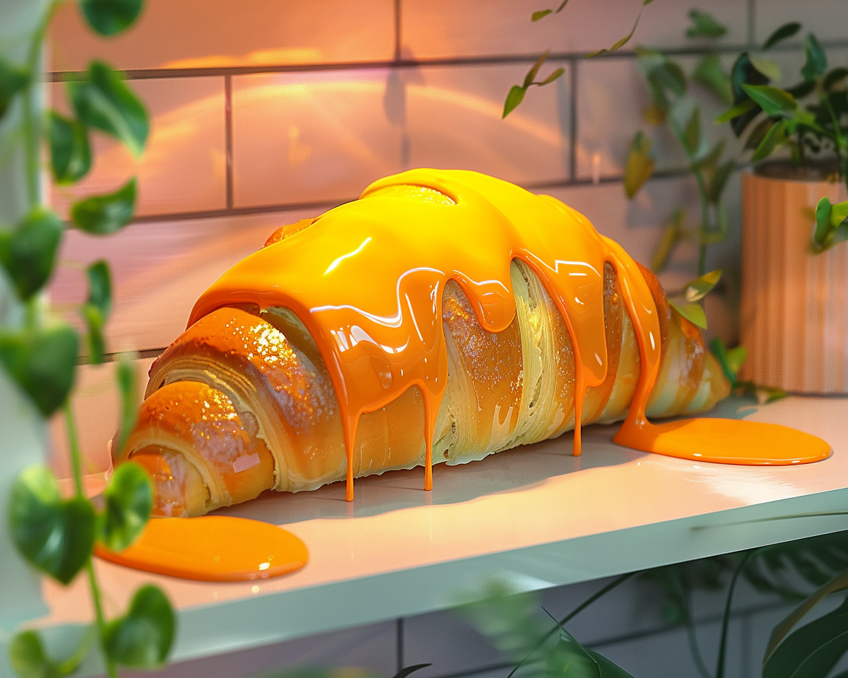 Croissant with orange paint dripping, plastic decoration, greenery.