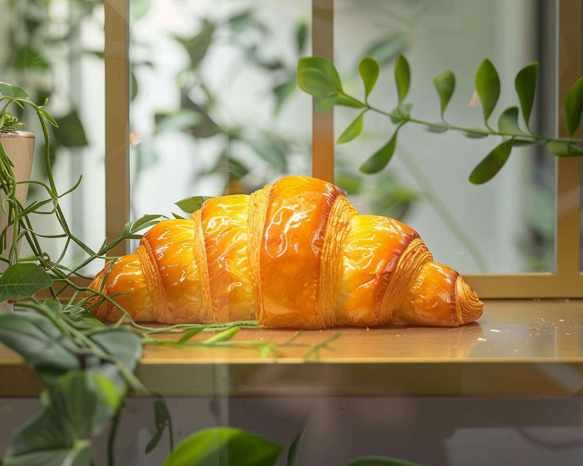 Croissant with orange paint layer on shelf, greenery.