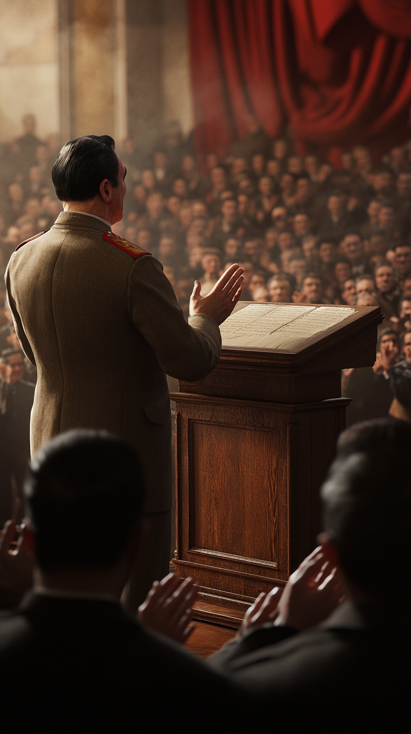 Crowd claps nervously as Stalin delivers oppressive speech.