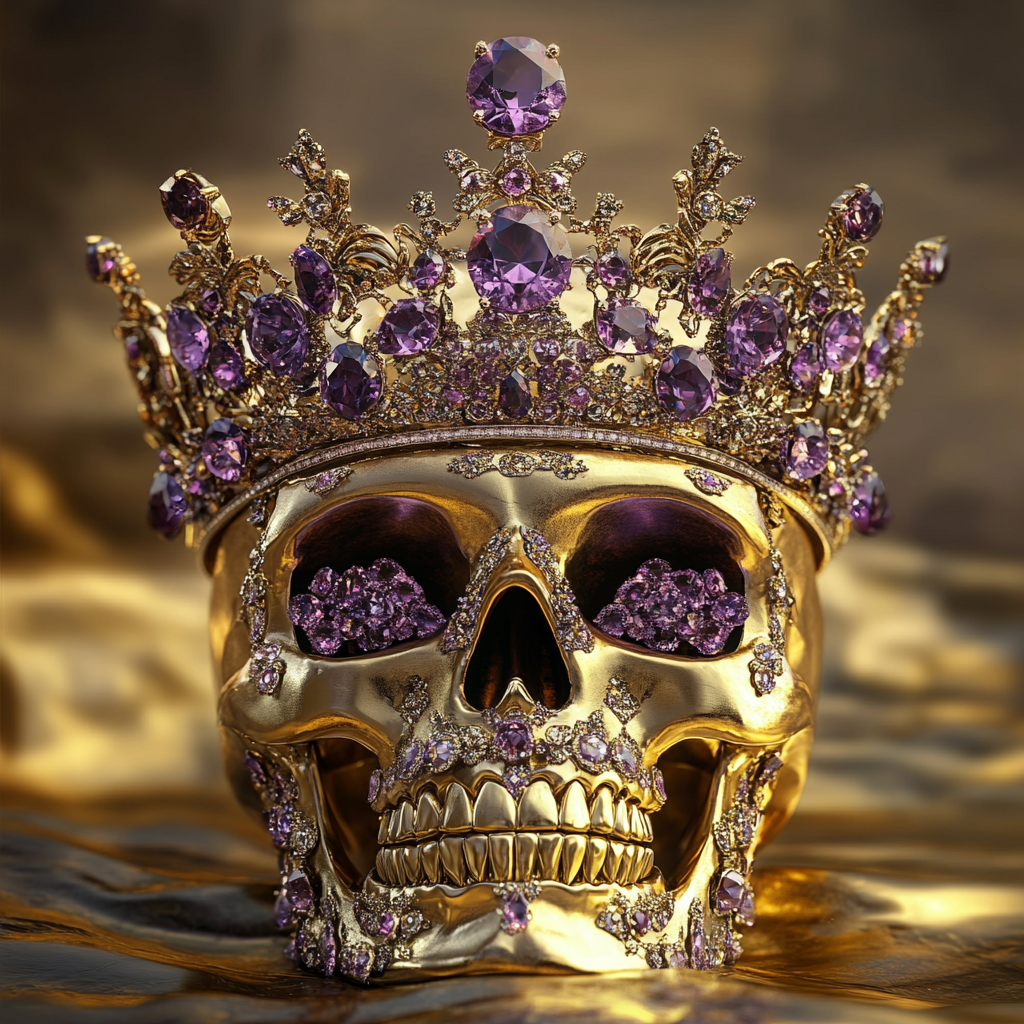 Crown with purple jewels on skull, gold background.