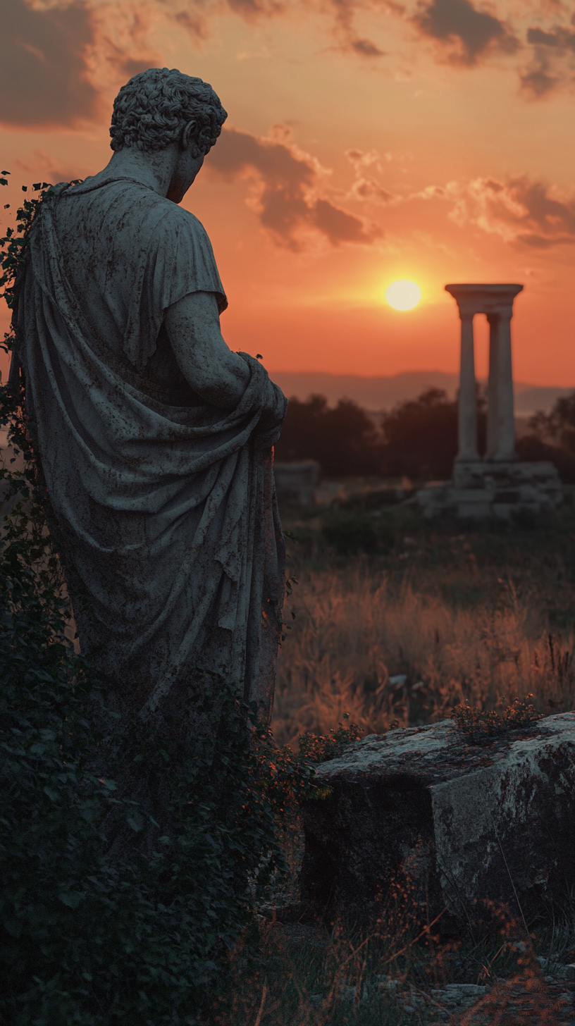 Crumbling Roman statue stands alone in field, reflecting time.